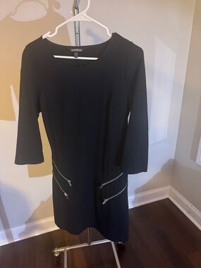 Express Black Mini Shift Dress with Diagonal Zip Pockets